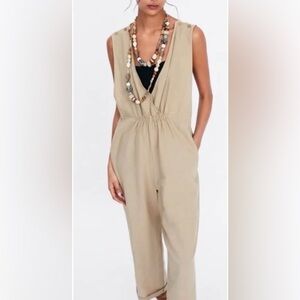 ZARA oversized linen gathered sleeveless romper. Size small. Pre-loved.